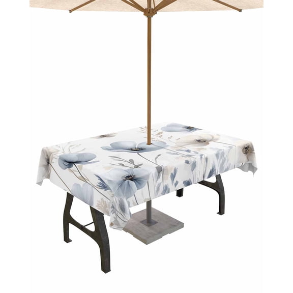 Fsddascl Blue Beige Spring Floral Outdoor Tablecloth - 60x84 Inch Rectangle Dining Table Cover, Summer Botanical Watercolor Waterproof Outdoor Table Cloth with Umbrella Hole & Zipper for Patio