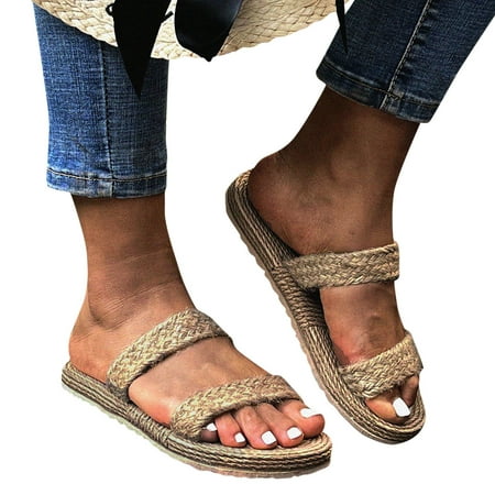 

f21 Slippers For Women Girls Flat Casual Sandals Straw Linen Bottom Slippers Beach Shoes Espadrille Synthetic Sandals Size 6 Beige
