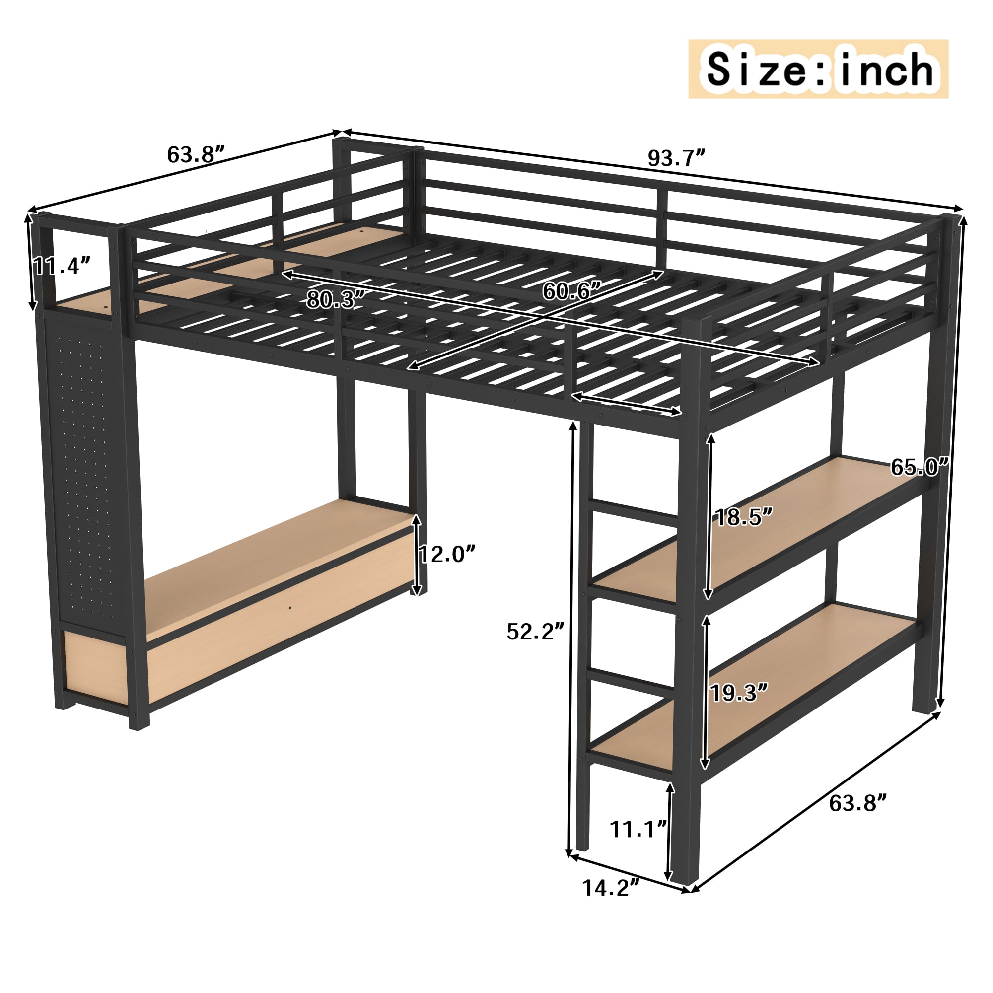 Leumius Queen Size Loft Bed with Built-in Wardrobe,Heavy Duty Metal Loft Bed with Storage Shelves and Pegboard,Space-Saving,Black