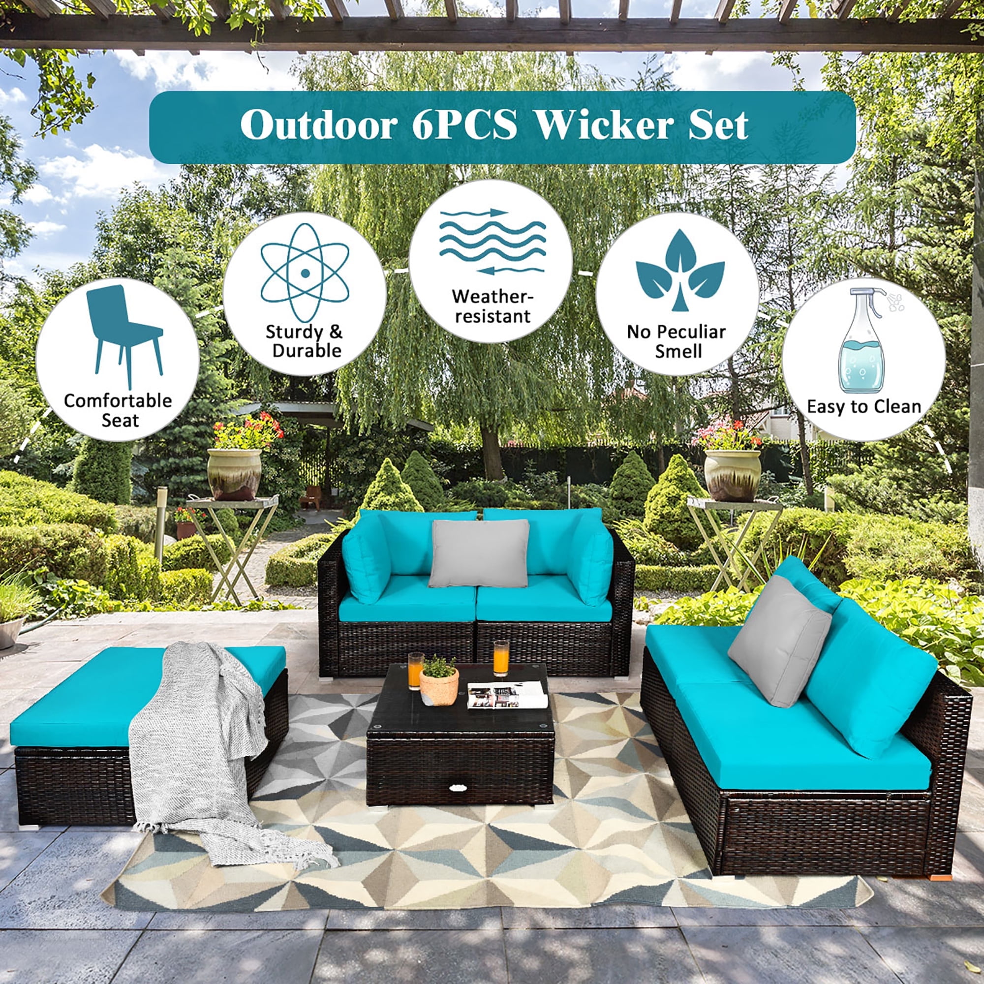 6PCS Outdoor Patio Rattan Furniture Set Cushioned Sectional Sofa Turquoise