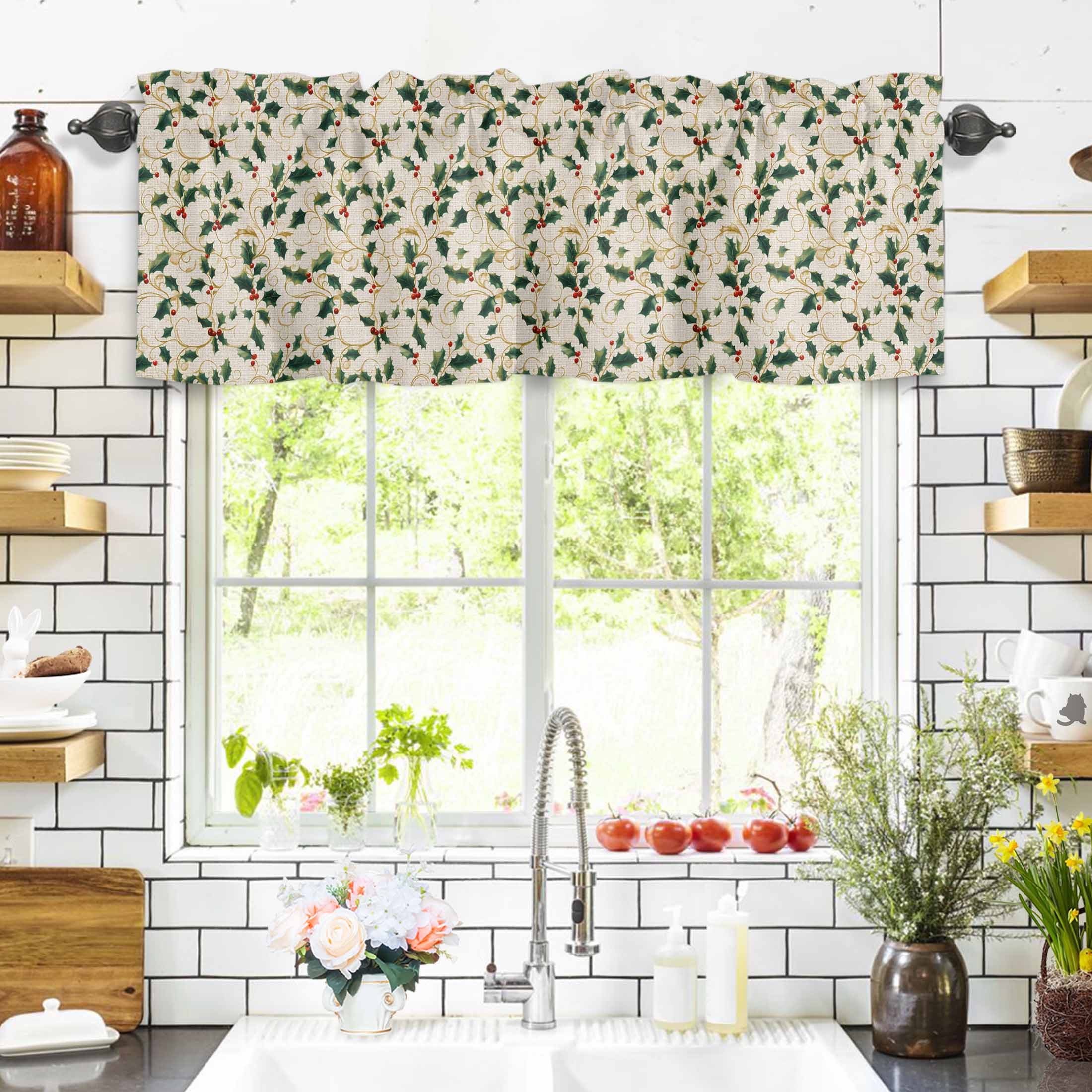 Winter Christmas Valances for Windows Holly Berry Plants Leaves Linen Grain Rod Pocket Curtain Valance Window Treatment Short Curtains for Kitchen Living Room, 60"x18"