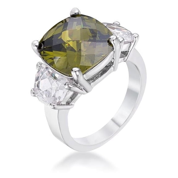 Precious Stars R07409R-C42-05 Precious Stars Silvertone Cushion-Shape Olive Green Cubic Zirconia 3-Stone Ring