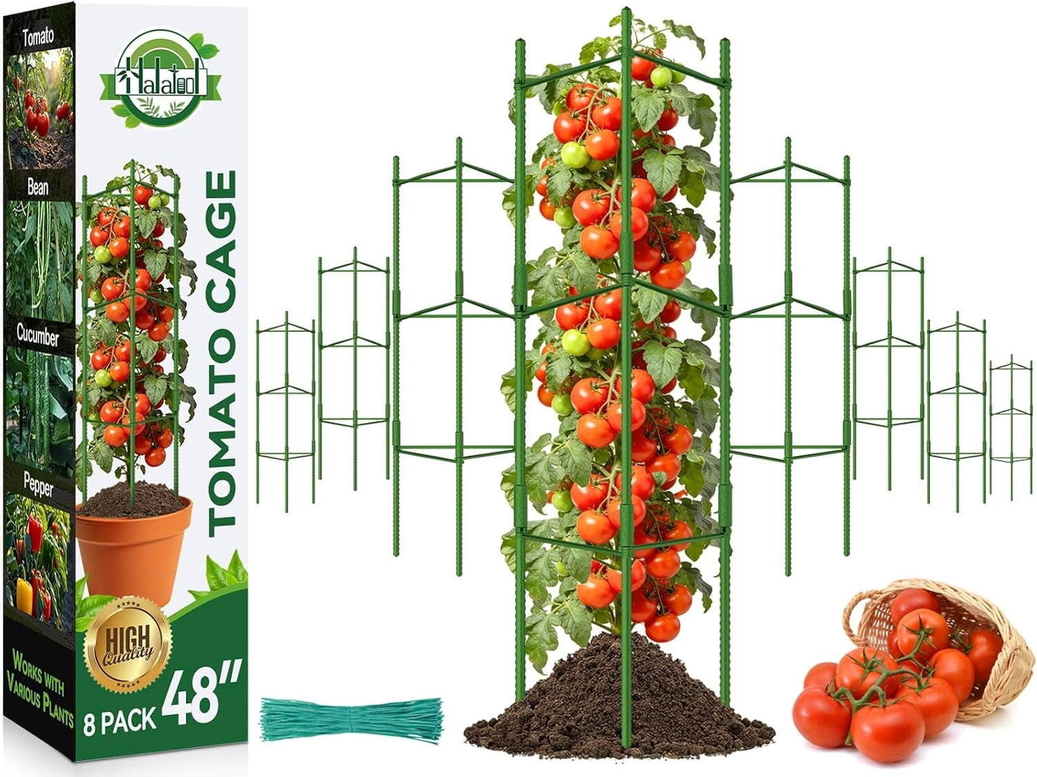 Garden Stakes Tomato Trellis for Pots – 8 Pack Tomato Cages for Garden, Up to 48in (4FT) Adjustable Tomato Cage, Tomato Plant Support for Raised Garden Bed & Climbing Vegetables Flowers