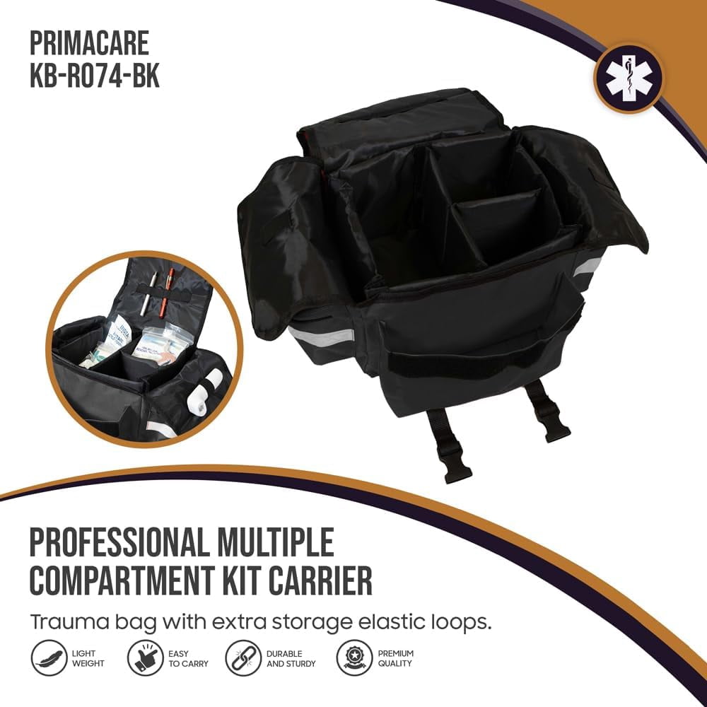 Primacare KB-RO74-BK EMT Emergency Trauma First Responder Medical Bag With Multiple Compartments Empty, Black