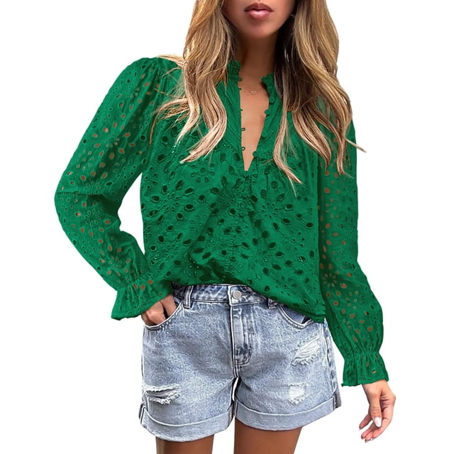 Blusa PRETTYGARDEN para Mujer con Escote en V y Encaje Calado XXL
