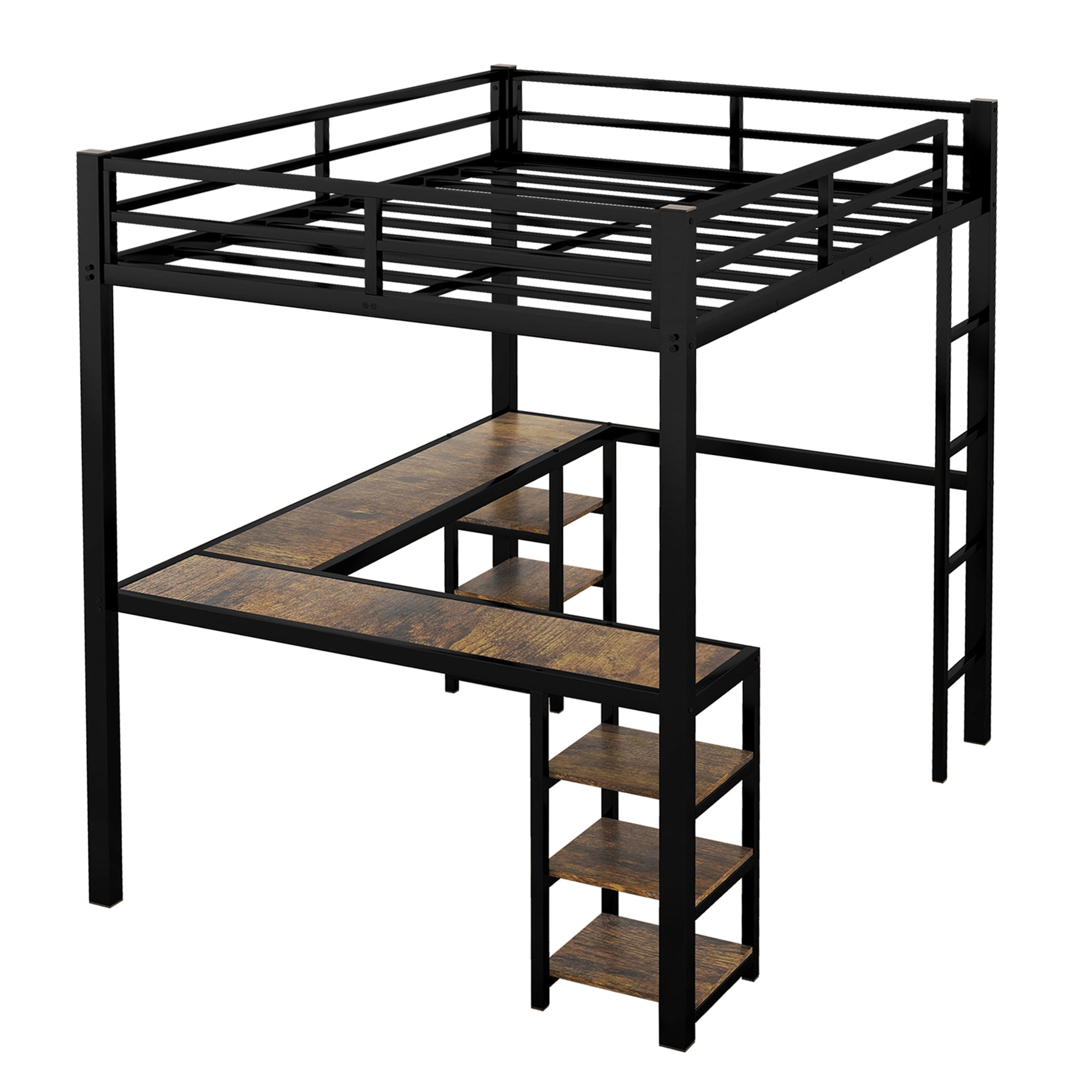 Mintazer Full XL Loft Bed with L-Shaped Desk & Storage Shelves, Metal Loft Bed Frame with Ladder and Guardrails for Bedroom, Black