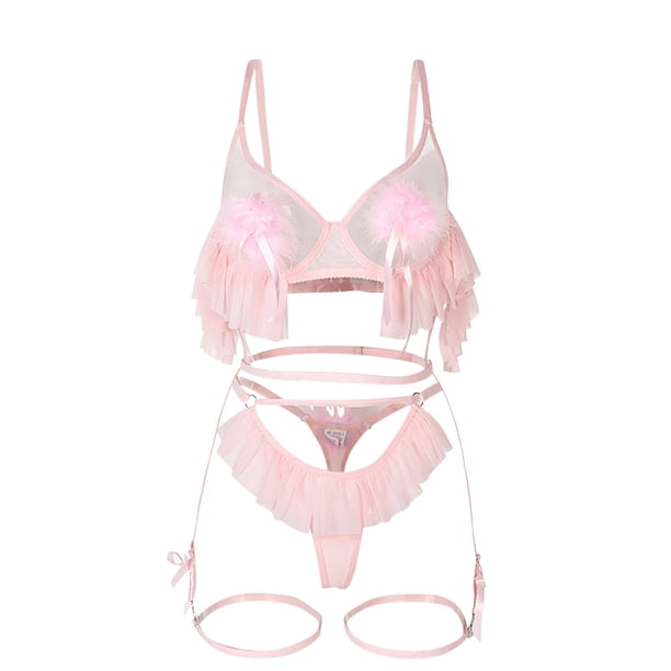 Gibobby Conjunto de lencería Sexy para Mujer Ropa Interior de Encaje Interior con Cuello V Ropa de Dormir(Rosa, G)