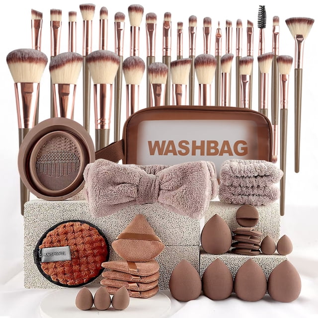 "Set de 56 piezas para maquillaje facial y de ojos: 30 brochas profesionales, diadema, pulsera, esponjas y bowl limpiador ¡Todo en uno!"
"Kit completo de maquillaje con 56 accesorios: brochas de