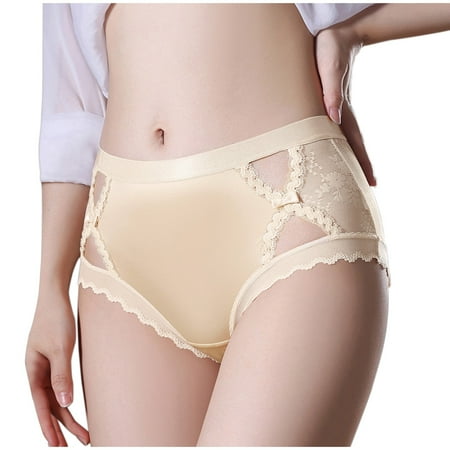 ameIAEA Women Lace Satin Silk Panties Hollow Out Stretchy Underwear Mid Waist Breathable Bikini Briefs