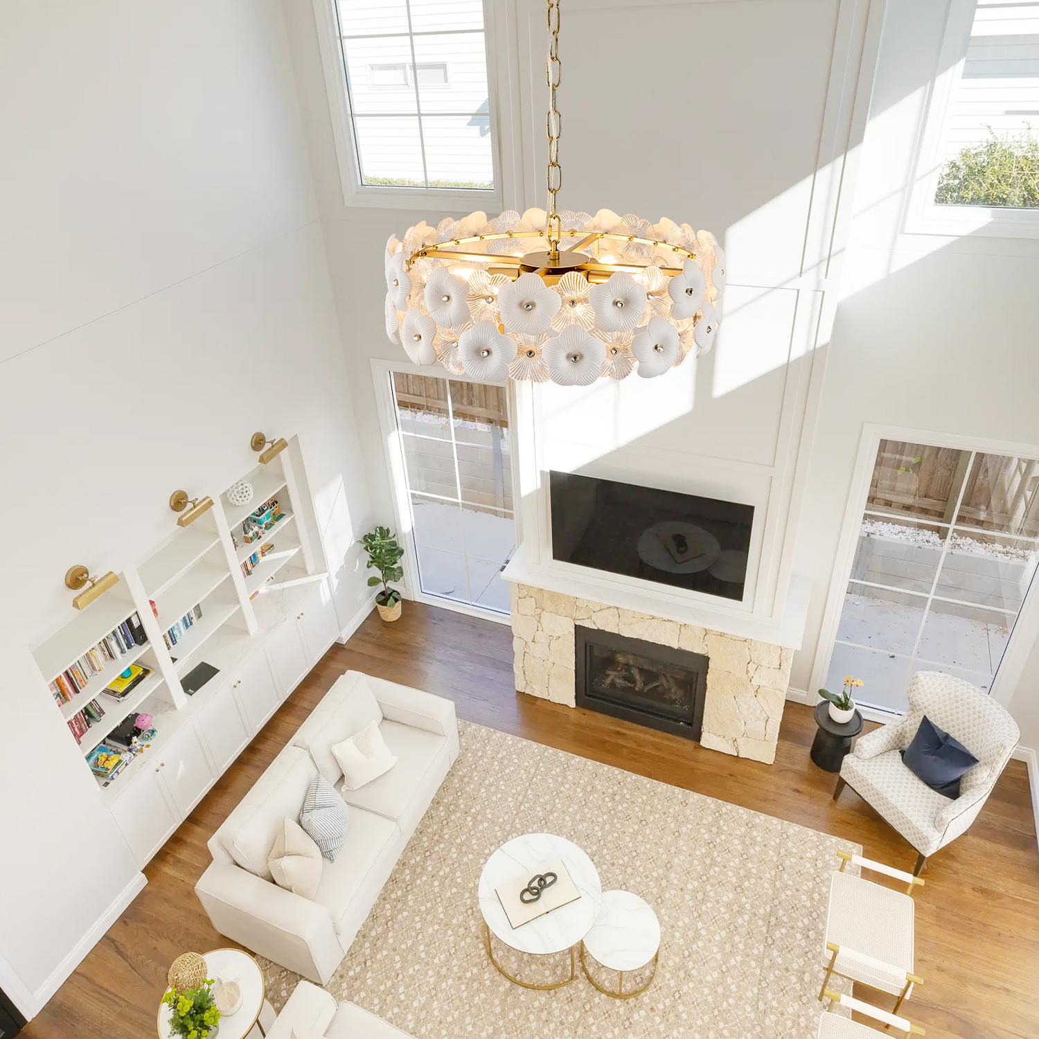Modern Flower Elegant Glass Chandelier 20" Luxury 6 Lights Gold Chandelier Drum Pendant Light for Living Dining Room Kitchen Entryway Bedroom Foyer