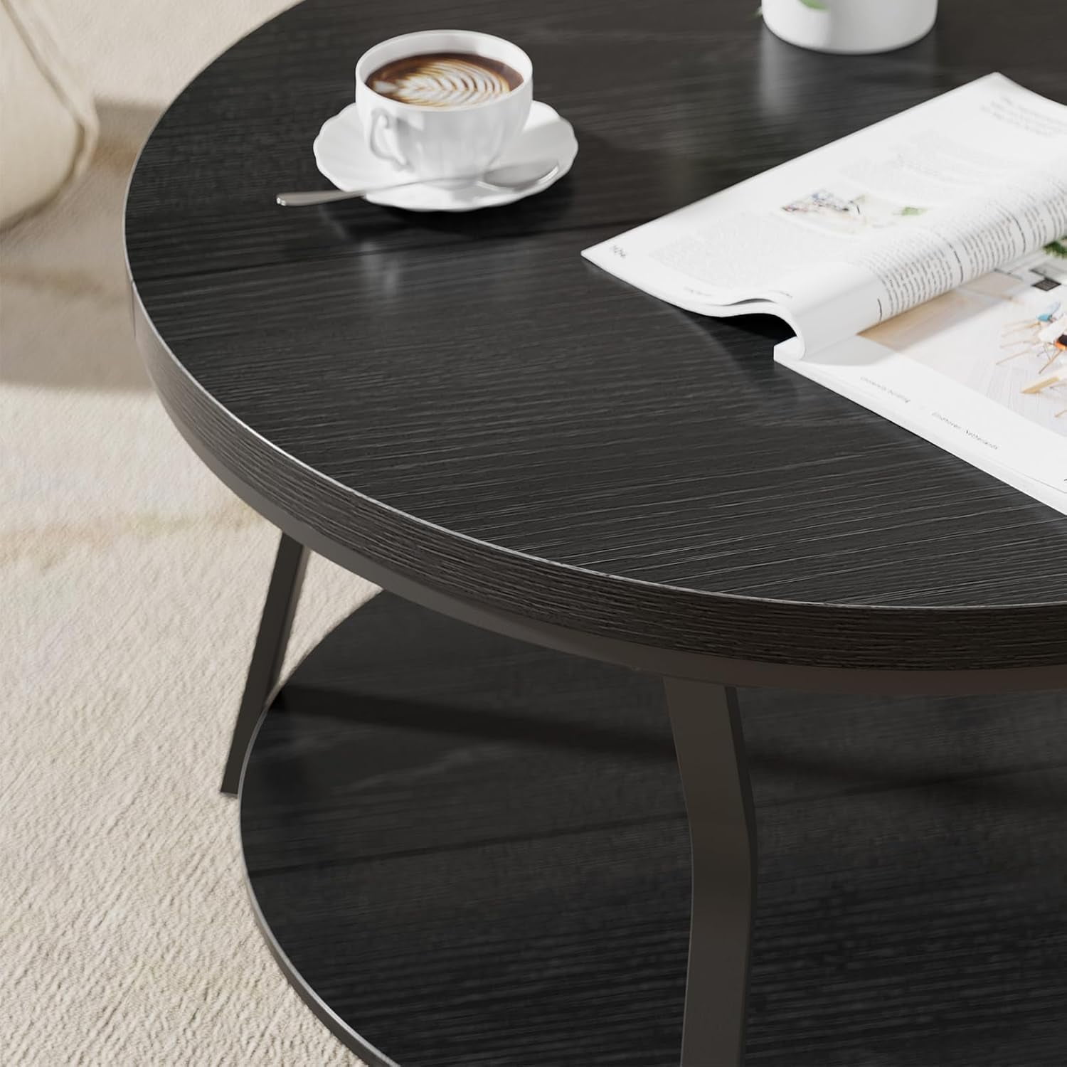 LazySpin Round Coffee Table Rustic Wood for Living Room, Black