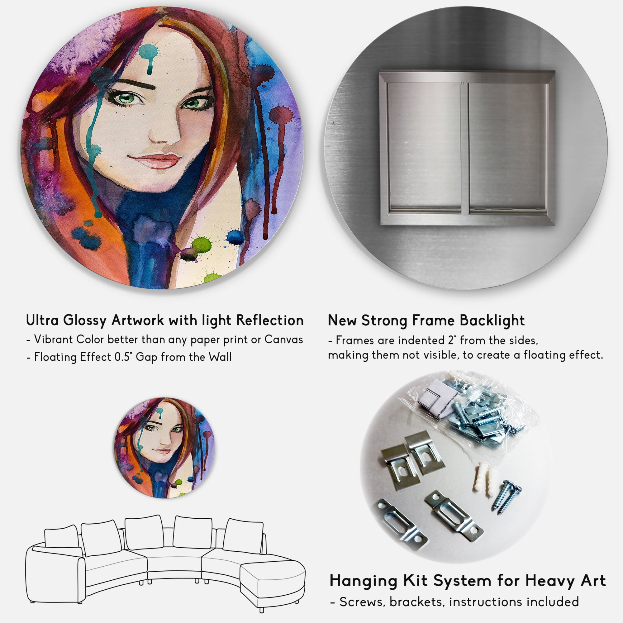 Designart 'Colorful Portrait Of Green Eyes Young Woman' Traditional Circle Metal Wall Art 11x11 - Disc of 11