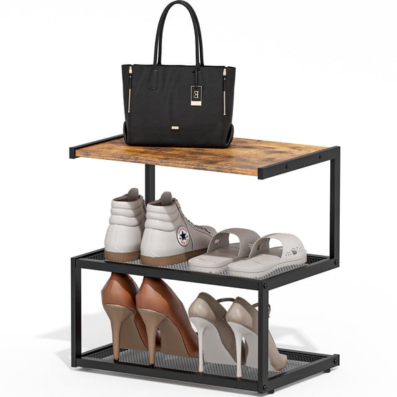 BWOORACKU 3 Tier Wood Top Shoe Rack, Rustic Brown & Black Metal Organizer
