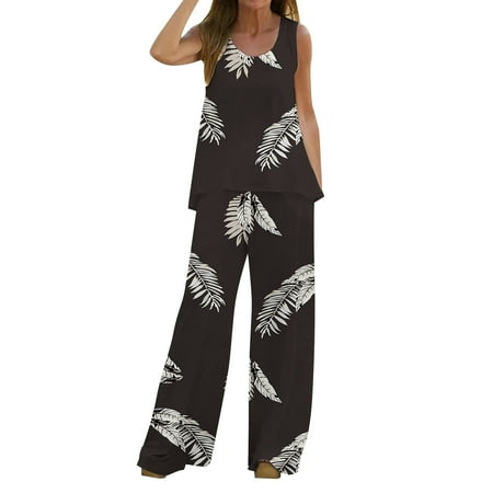 Women 2 Piece Outfits Boho Casual Printed Vest Sleeveless Dressy Pant Suits for A Wedding Petite Top Loose Wide Leg Pants Trousers Two Piece Set Suit Homecoming Pantsuits for Teens Sequin Suits for W