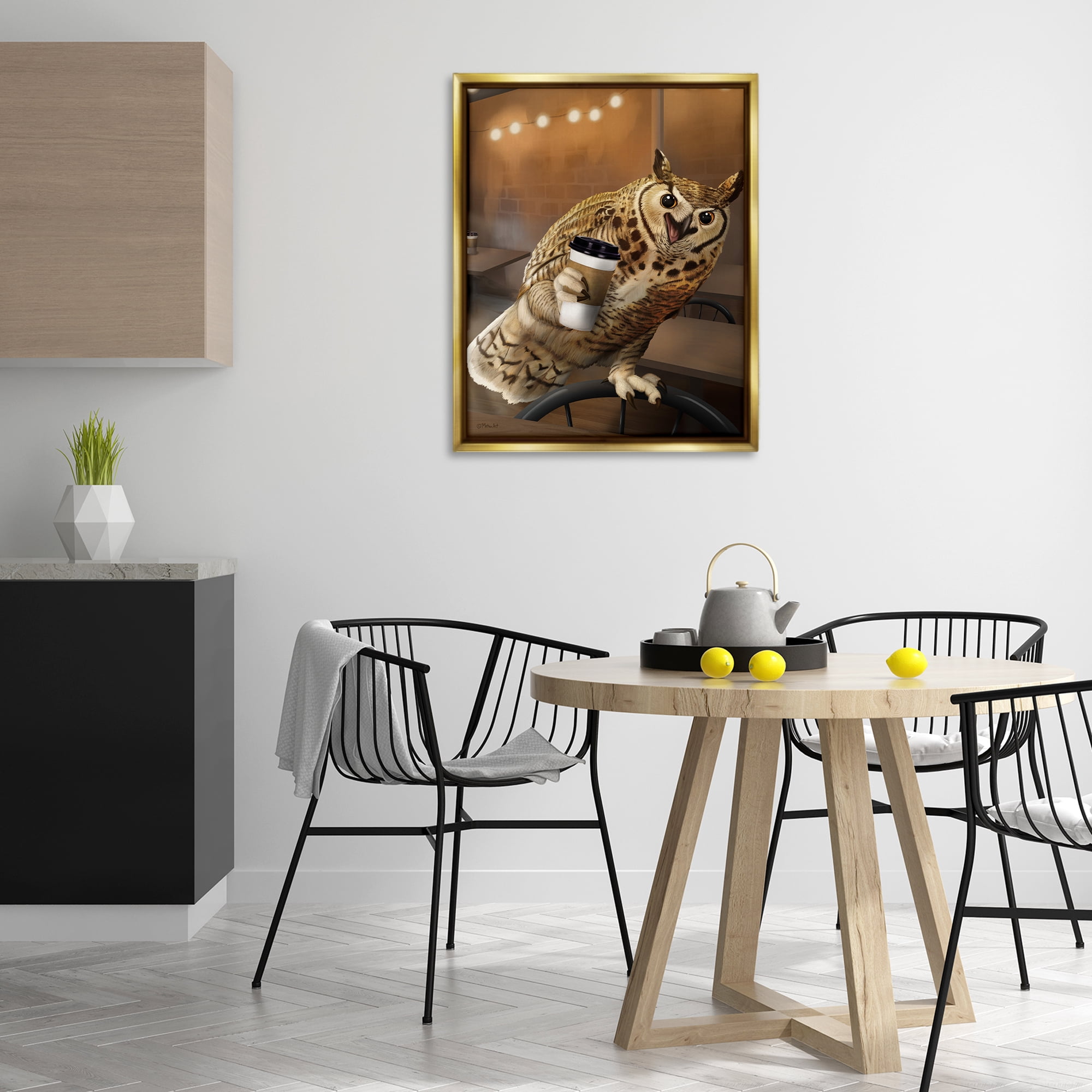 Stupell Industries Owl with Coffee Cup Food & Beverage Painting Gold Floater Framed Canvas Art Print Wall Art, 25 x 31