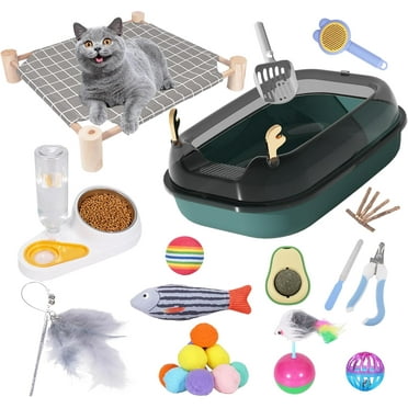 Box Starter Kit for Indoor Kittens, Including Cat Litter Box,Bowl, Hammock Bed, Brush, Nail Clipper,Cat Interactive Toys, and More Cat Essentials for All Life Stages