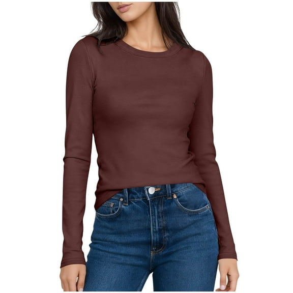 Women's Fitted Long Sleeve Shirt with Neck, Soft Solid Color Tee for Casual, Fall Everyday Wear