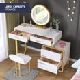 thumbnail image 6 of MUZZ Vanity Table Set with 3 Color LED Lighted Mirror and Stool, Makeup Vanity Dressing Table, 4 Drawers and Storage Shelves for Bedroom, Gold Vanity Desk for Women Girls(Large/White), 6 of 7