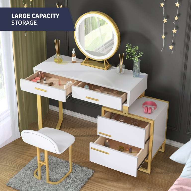 MUZZ Vanity Table Set with 3 Color LED Lighted Mirror and Stool, Makeup Vanity  Dressing Table, 4 Drawers and Storage Shelves for Bedroom, Gold Vanity Desk  for Women Girls(Normal/White) - Walmart.com