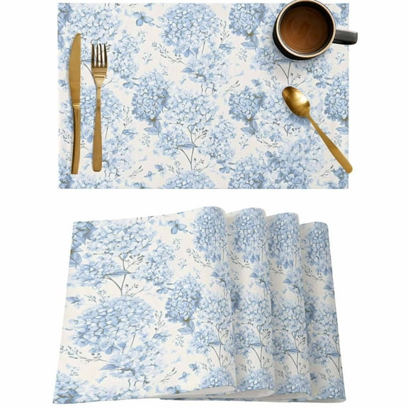 Blue Hydrangea Flower Placemats Set of 4,Wipeable Washable Table Mats for Dining Tables,Watercolor Floral Seamless Place Mats for Kitchen Event Party Tabletop Decor