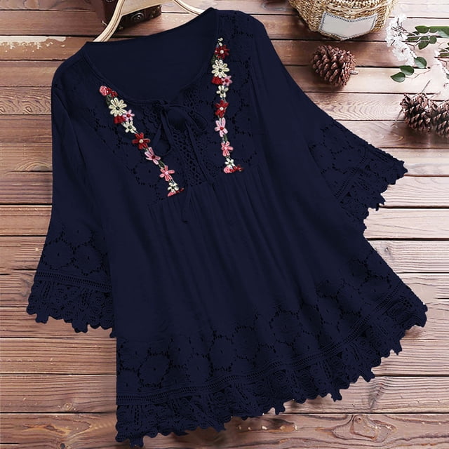 MKLEKYY Playeras Oversize Blusa De Encaje Vintage Con Cuello En V Y Lazo De Patchwork Para Mujer, 980 Talla S