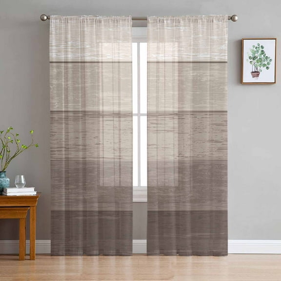 Brown Beige Ombre Sheer Curtains 108 Inch Length 2 Panels Set for Living Room/Bedroom, Farmhouse Vintage Wooden Striped Curtain Sheers Drapes Rod Pocket Curtains Window Treatment Set 52''x108''x2