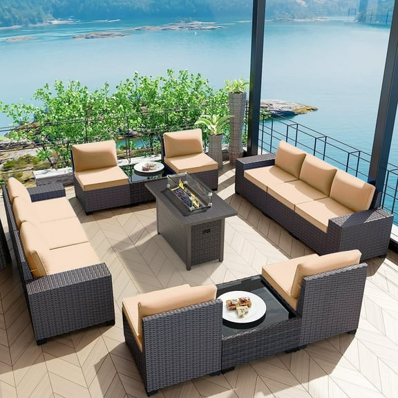 Phonjoroo 13 Pieces Outdoor Patio Furniture Set with 42” Fire Pit Table, Rattan Patio Sectional Sofa Conversation Set w/ 50000 BTU Propane Fire Pit and Coffee Table for Garden, Backyard