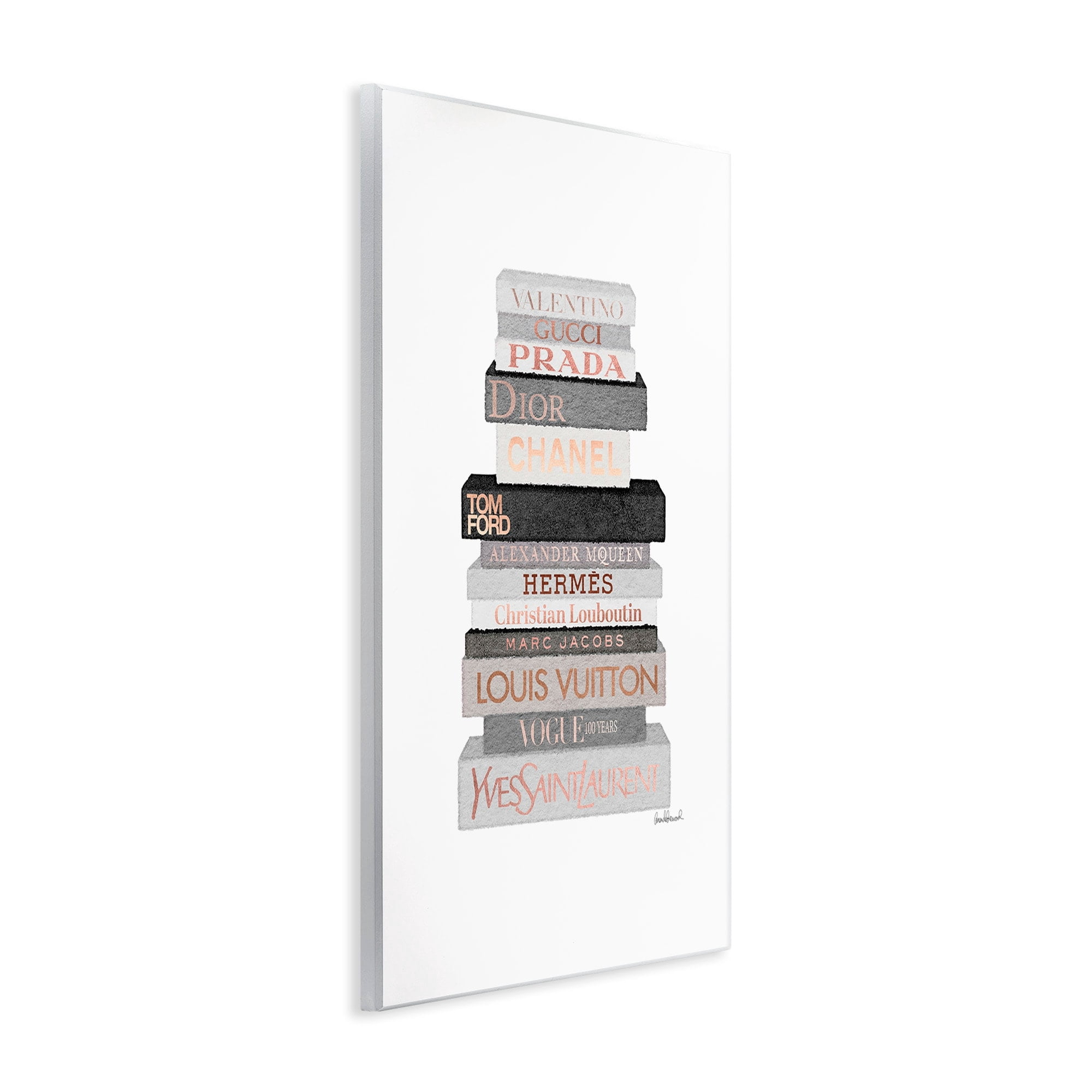The Stupell Home Decor Neutral Grey and Rose Gold Fashion Bookstack Wall Plaque Art
