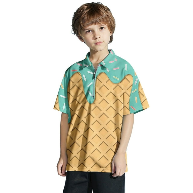 TAIAOJING Garçon Fille T-Shirts Polyvalents Crème Glacée Imprimée Manches Courtes Col Rabattu T-Shirts Stylés Haut à Fermeture Éclair Coupe Décontractée Léger Tenue Quotidienne