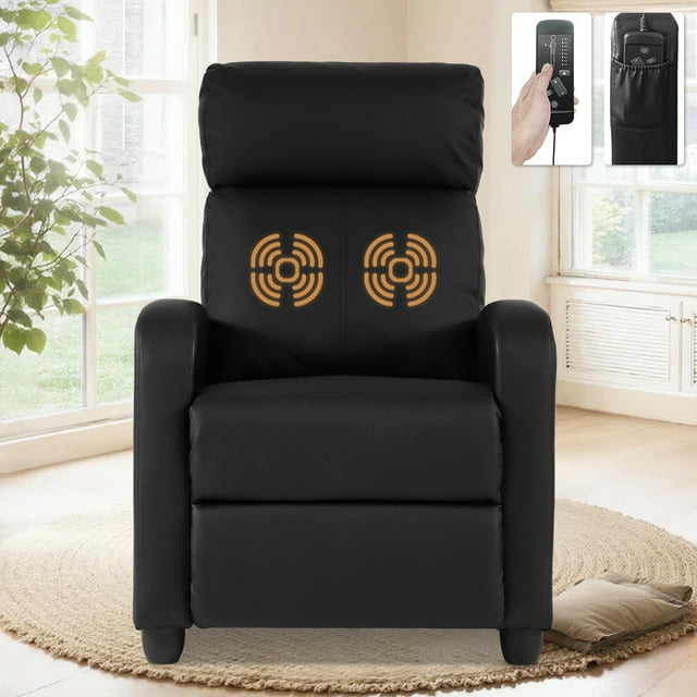 Fauteuil Inclinable de Salon Moderne Inclinable Fauteuil Simple de Lecture en Cuir PU pour Cinéma Maison avec Massage Réglable et Coussin de Siège Épais et Dossier, Noir