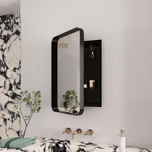 Modern Bathroom Medicine Cabinet With Adjustable Shelves And Mirror - 16x24 Inch Recessed Black Metal Framed Construction Frame Functional Organization