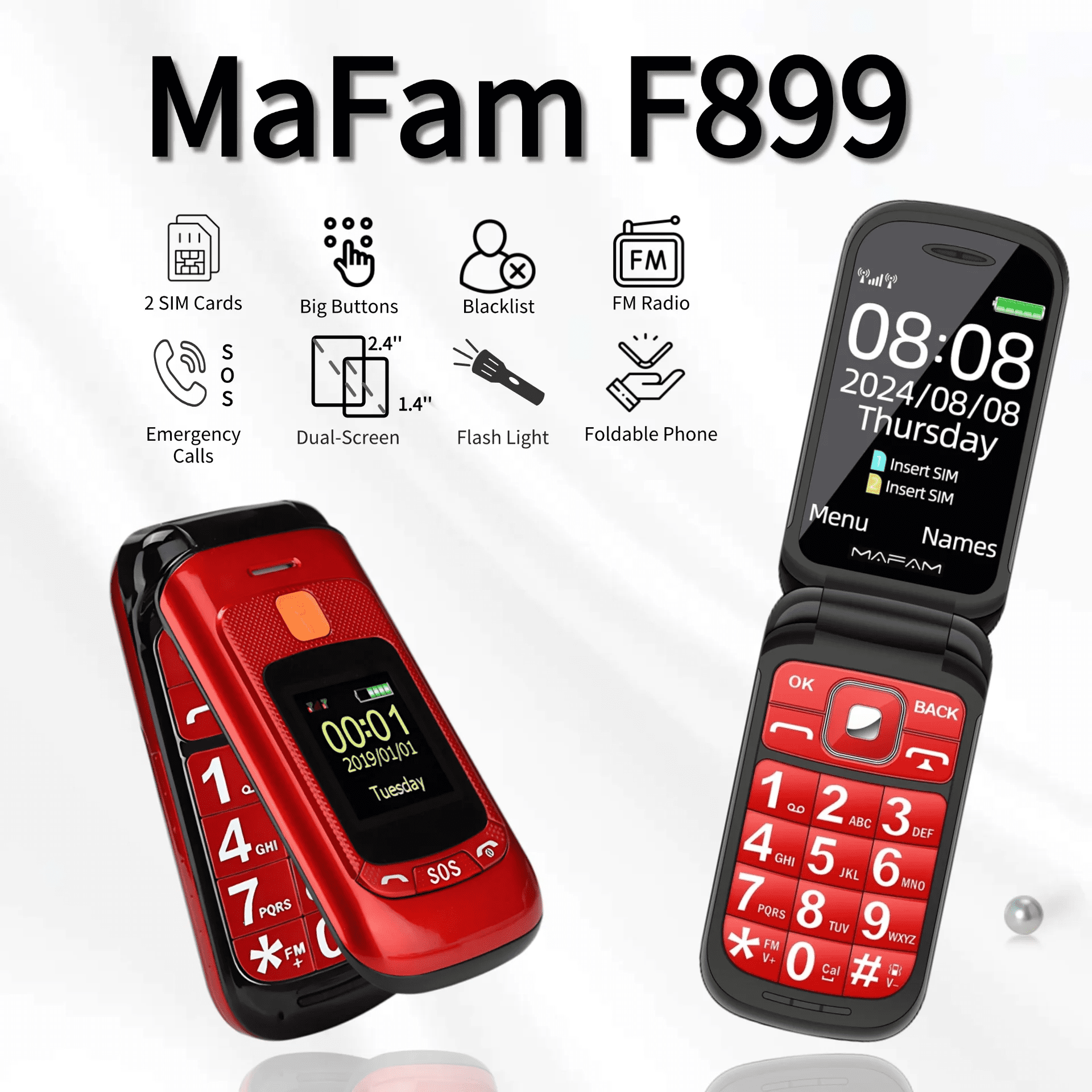 Dual Display Senior Mobile Phone Unlocked - Red