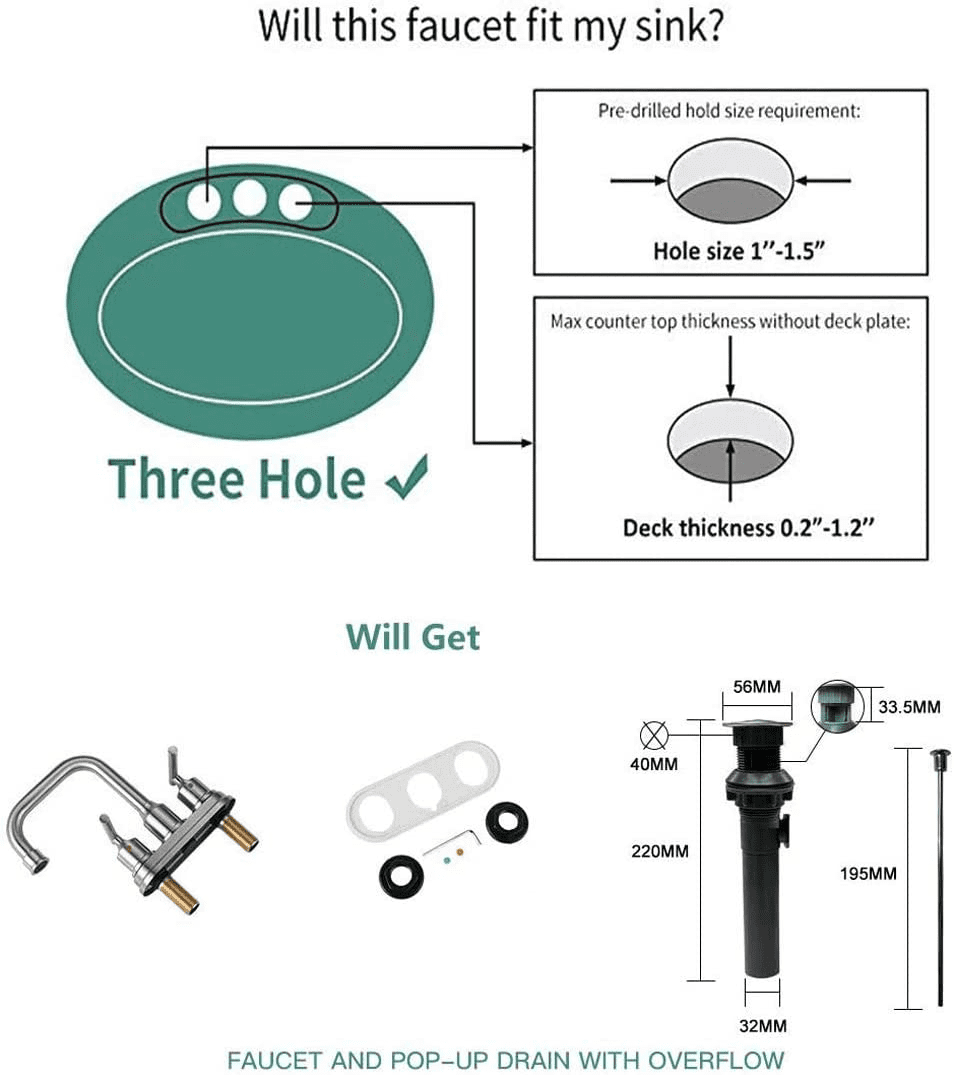 WOWOW 2 Handle Bathroom Faucet 4 Inch Centerset Bathroom Sink Faucets with Lift Rod Drain