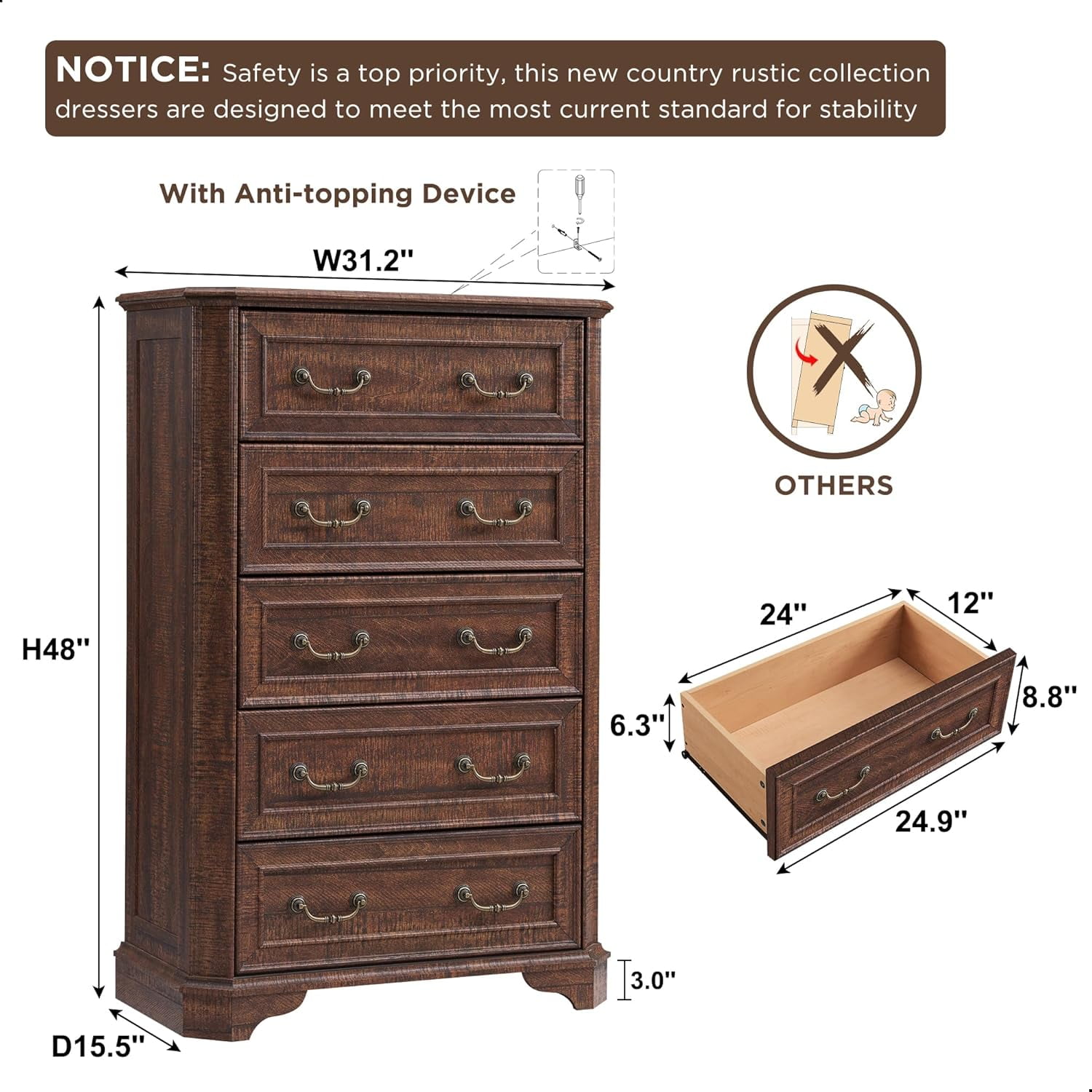 OKD Farmhouse 5-Drawer Dresser with Vintage Wood Thick Plank, Tall Storage Chest with Anti-Tip Device for Bedroom, Living Room, Reclaimed Barnwood