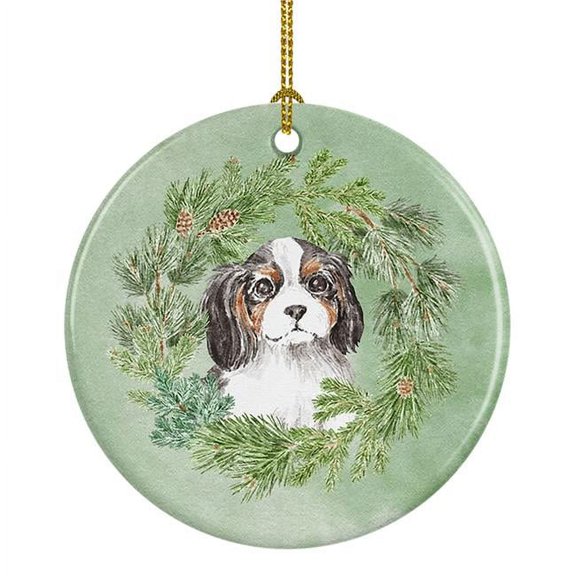 Cavalier Spaniel Puppy Tricolor Christmas Wreath Ceramic Ornament 2.8 in x 2.8 in