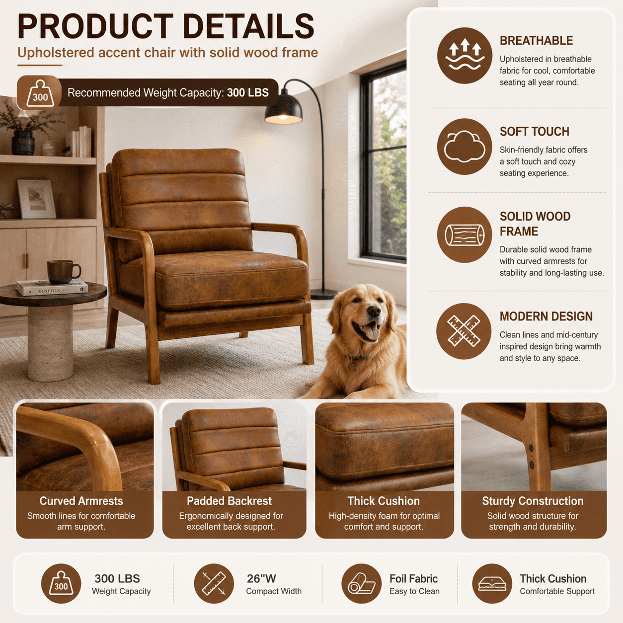 Homy Casa Mid-Century Accent Chair, Upholstered Reading Chair with Wood Frame, Brown