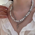 thumbnail image 2 of Collier Croix à Perles Superposées Femme Collier Ras-du-Cou Superposé Collier Pendentif Croix, 2 of 9