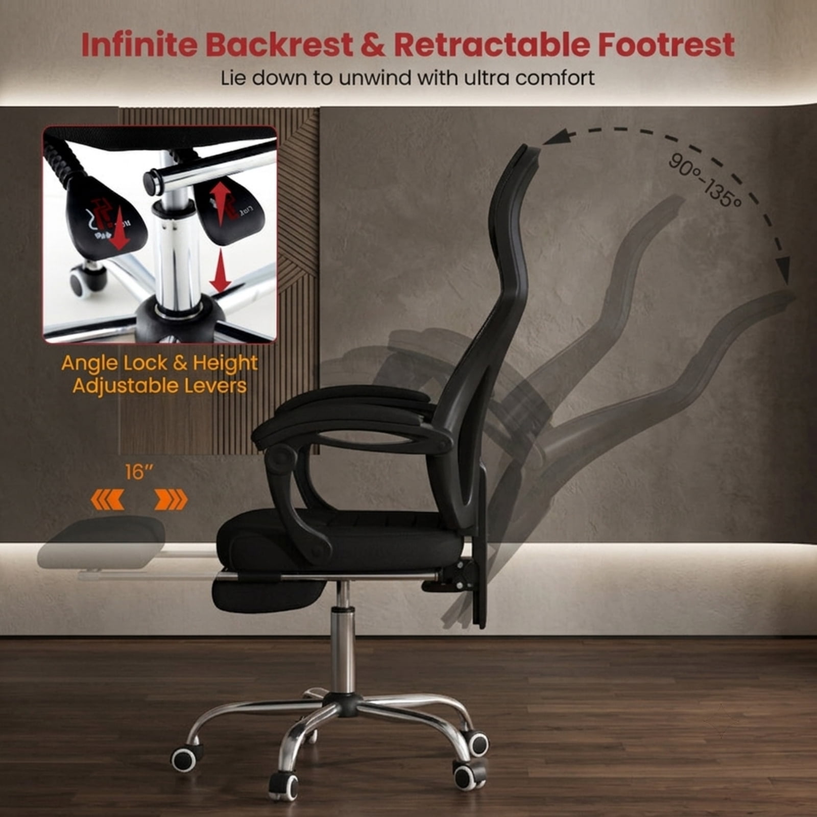 Furnibear Ergonomic Mesh Office Chair High Back Breathable Computer Chair with Retractable Footrest Tilting Backrest and Headrest, Black