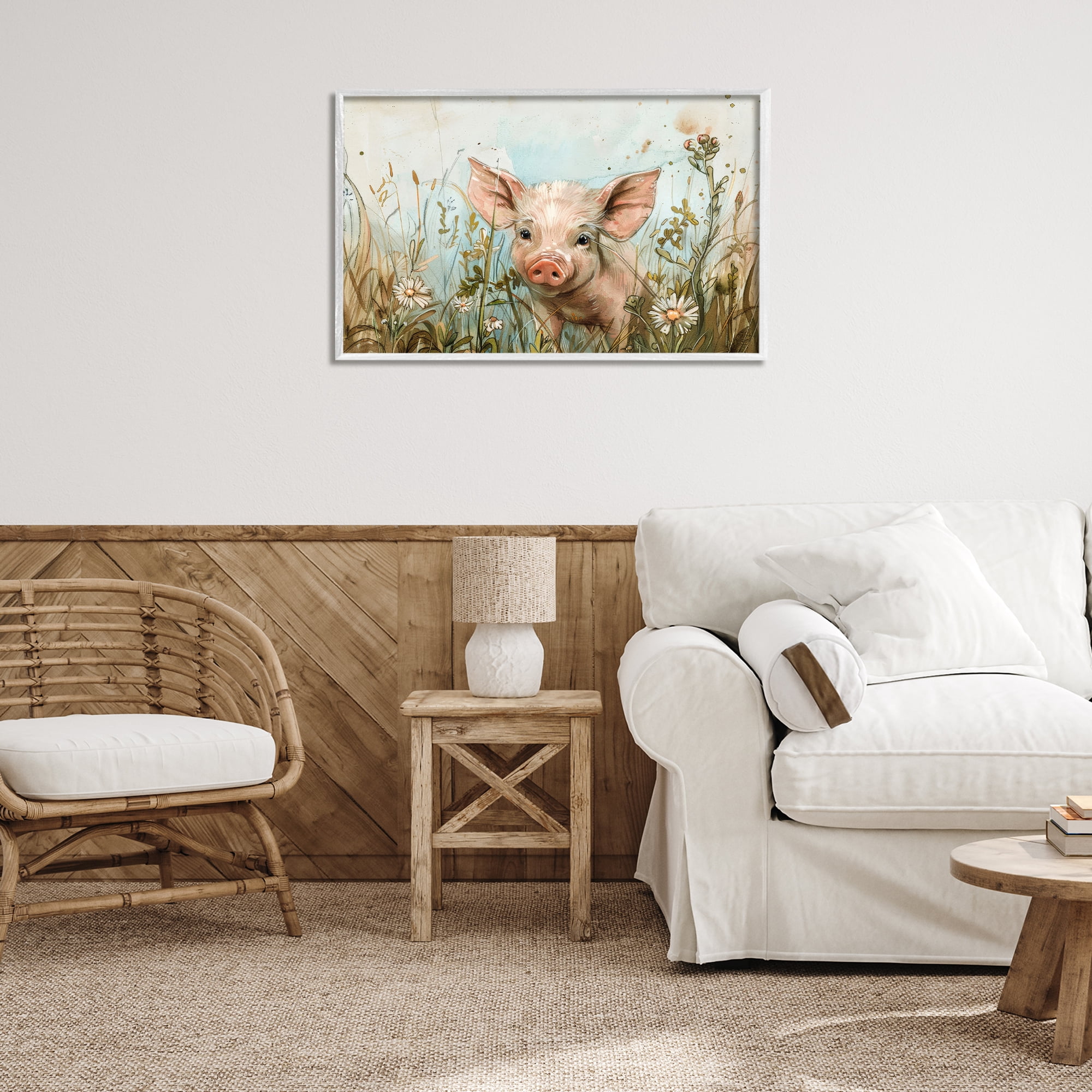 Stupell Industries Piglet Among Flowers Animals & Insects Painting White Framed Art Print Wall Art, 30 x 20