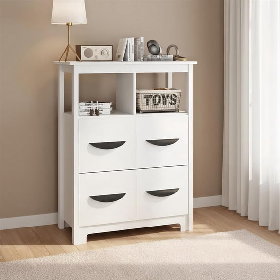 Spaco White 24 Inch Floor Cabinet with 2 Open Compartments & 2 Drawers, Anti-Tipping & Easy to Clean
