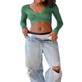 thumbnail image 2 of Women Long Sleeve Shirt Ribbed Pullover Crop Tops Streetwear Clubwear, 2 of 4