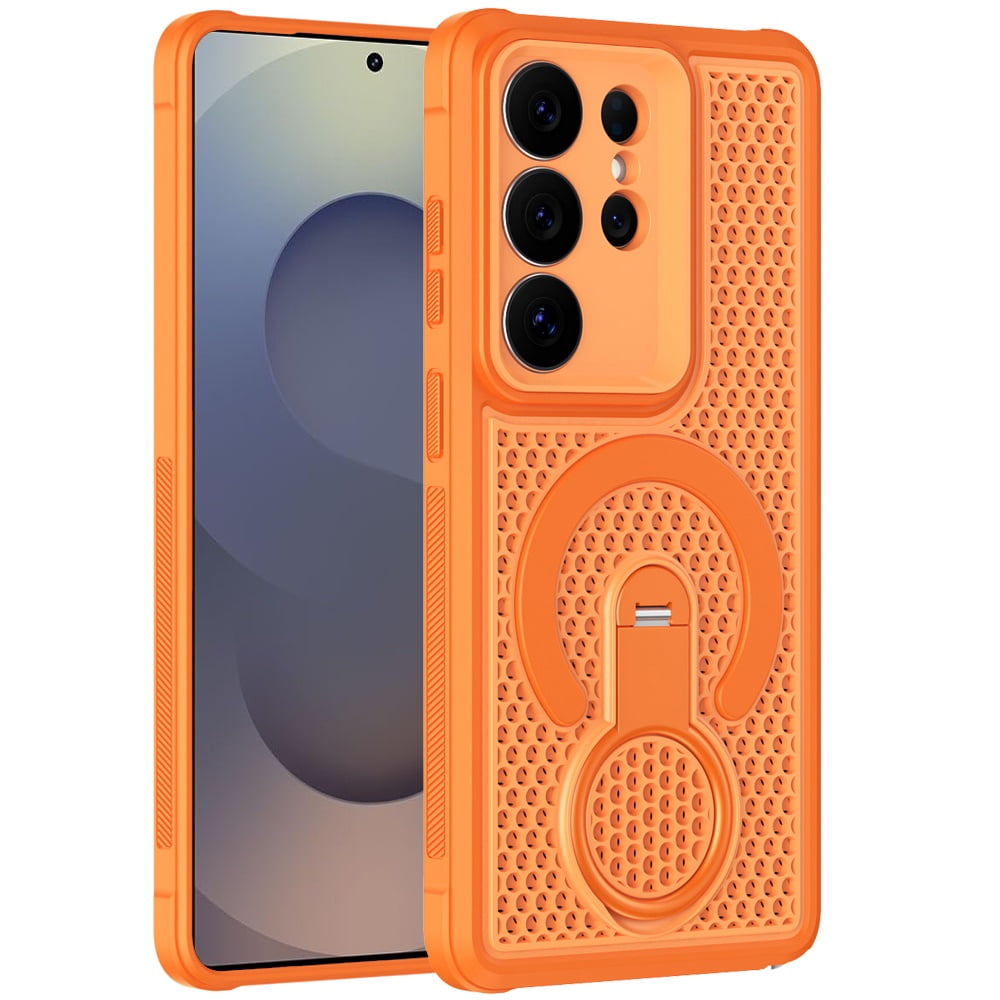 Phone Case for Galaxy S25 Ultra Magnetic Honeycomb Hybrid Rugged Armor Ring Kickstand Dual Layer Shock Absorbing Hard PC Soft TPU Cover Orange