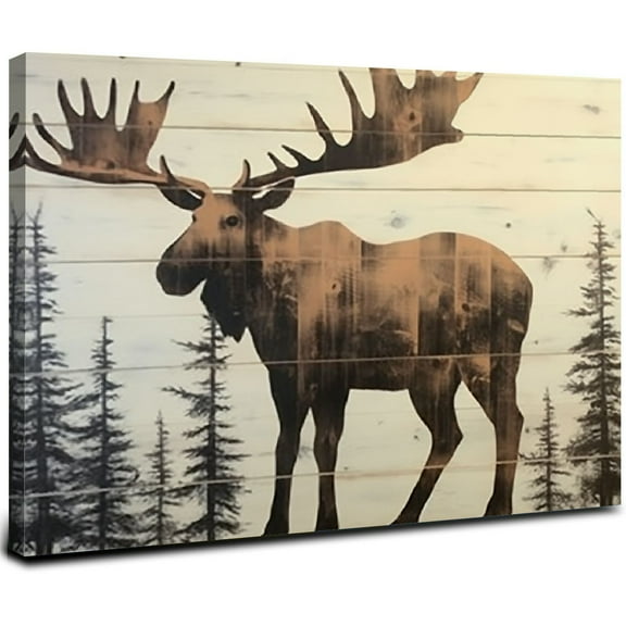JRXY Cabin Wall Decor Moose Trees Detailed Painting Rustic Farmhouse Wooden Bathroom Wall Art Pictures Country House Elk Animal Woodland Lodge Wildlife Painting Prints Hunting Decoration 20x16inch