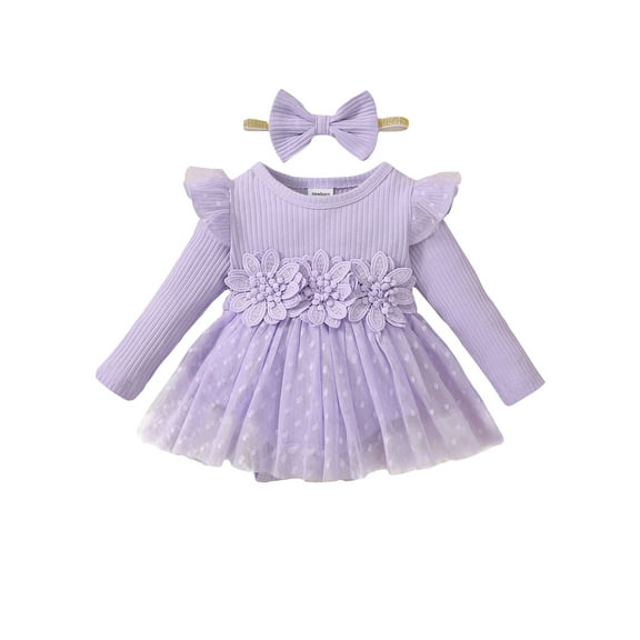 KIMI BEAR Newborn Baby Girls Dress 0-3 Months Fall Winter Warm Clothes Solid Color Ruffle Long Sleeves Romper Dress Flower Front Tulle Princess Dress with Headband Purple