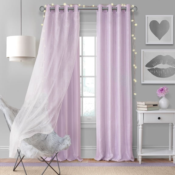 Elrene Home Fashions Aurora Kids Room Darkening Layered Sheer Curtain, Lavender, 52" x 63"