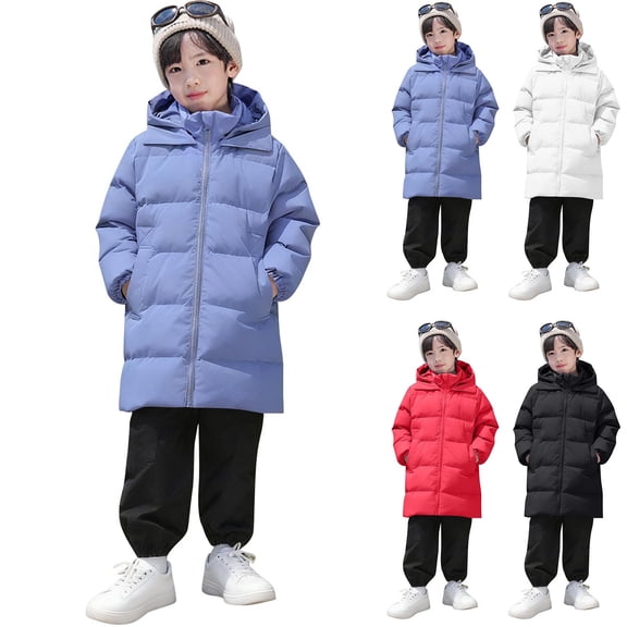 Boys Mid‑Length Hooded Winter Parka Coat 1‑15 Years, Kids Cold Weather Thick Warm Quilted Padded Jacket with Side Pockets and Elastic Cuffs