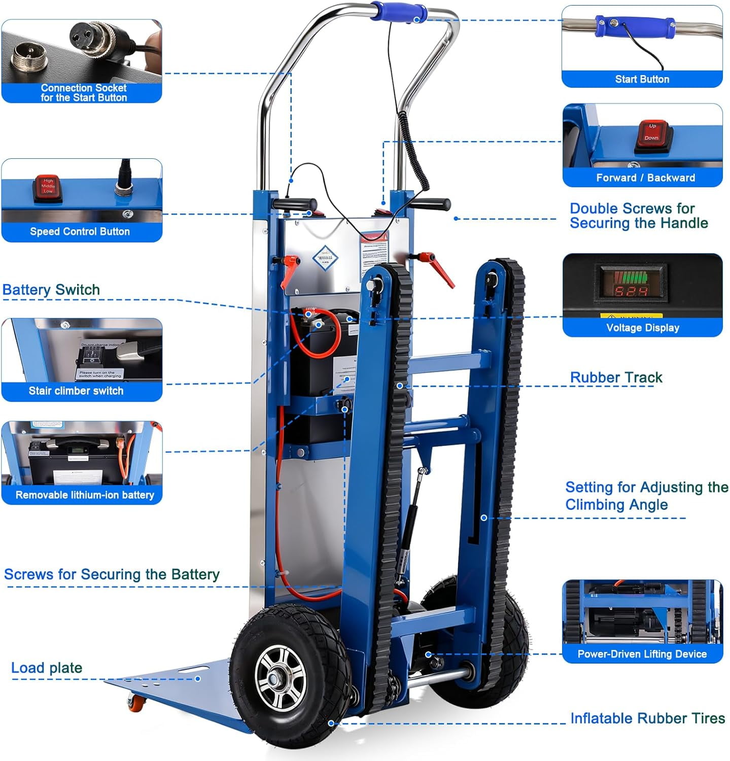 Vakiorn Electric Stair Climbing Hand Truck 900 lb Capacity 1250W Motor Heavy Duty Stair Climber for Furniture Logistics Blue