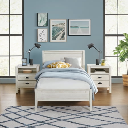 Alaterre Furniture Windsor 3-Piece Set with Panel Twin Bed and 2 Nightstands Driftwood White
