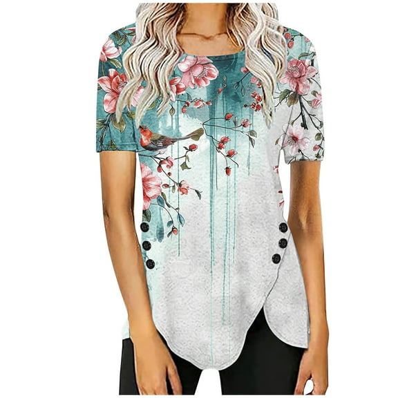 PVCS Womens Tops Women's Casual Round Neck Casual Button Printed Short Sleeve Blouse Short Sleeve Round Neck Blouse/Shirt