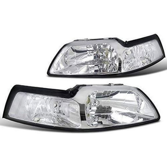Factory Style Replacement Headlights Head Lamp Chrome Housing Clear Lens Made For And Compatible With 1999 - 2004 Ford Mustang 99 00 01 02 03 04